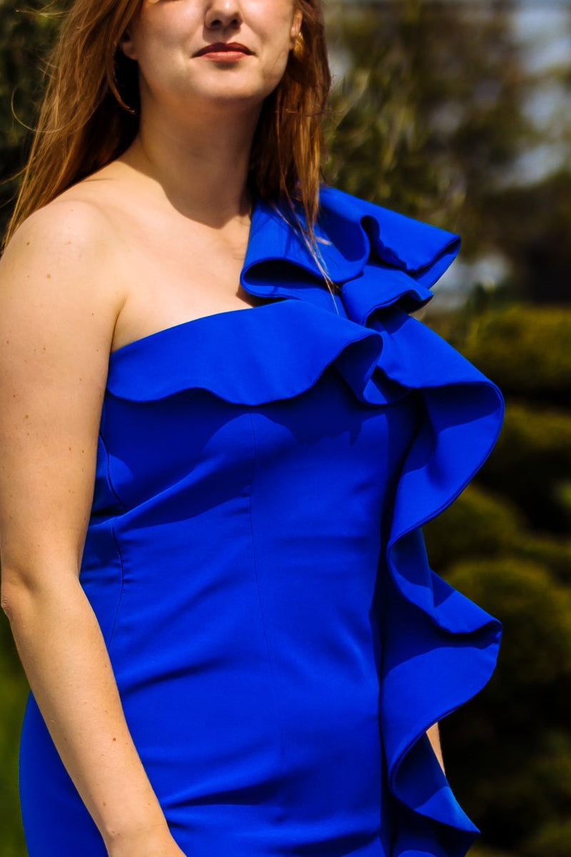Midi jurk volant kobalt blauw