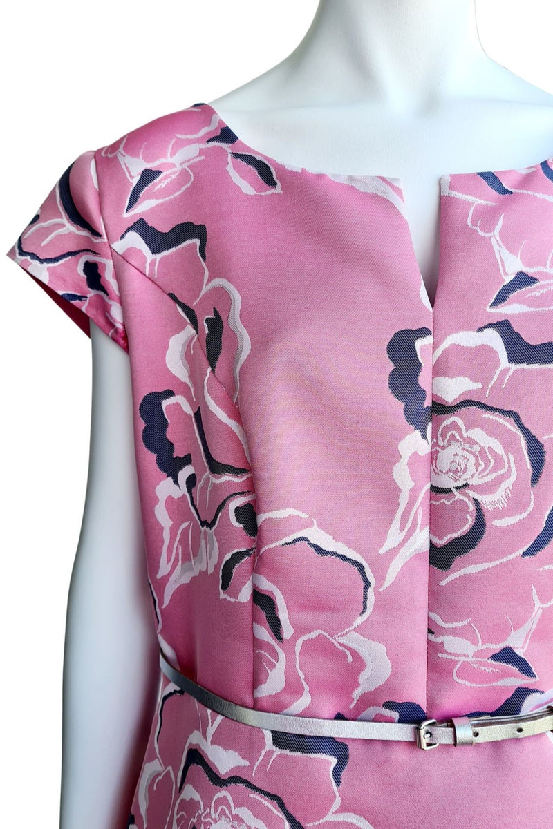 Midi jurk Vera Mont roze met bloemen ronde hals en a-lijnmodel subtiele V-uitsnijding