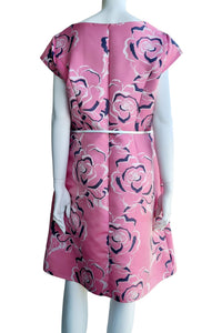 Midi jurk Vera Mont roze met bloemen ronde hals en a-lijnmodel korte mouwen