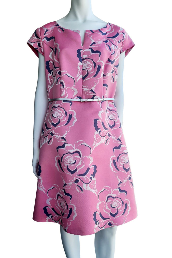 Midi jurk Vera Mont roze met bloemen ronde hals en a-lijnmodel korte mouwen